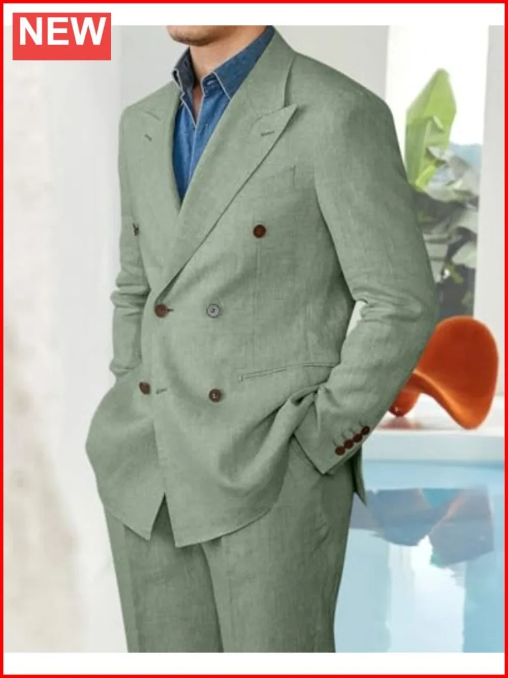 Men's Linen 2-Piece Double Breasted Suit Set Beach Wedding Tuxedo